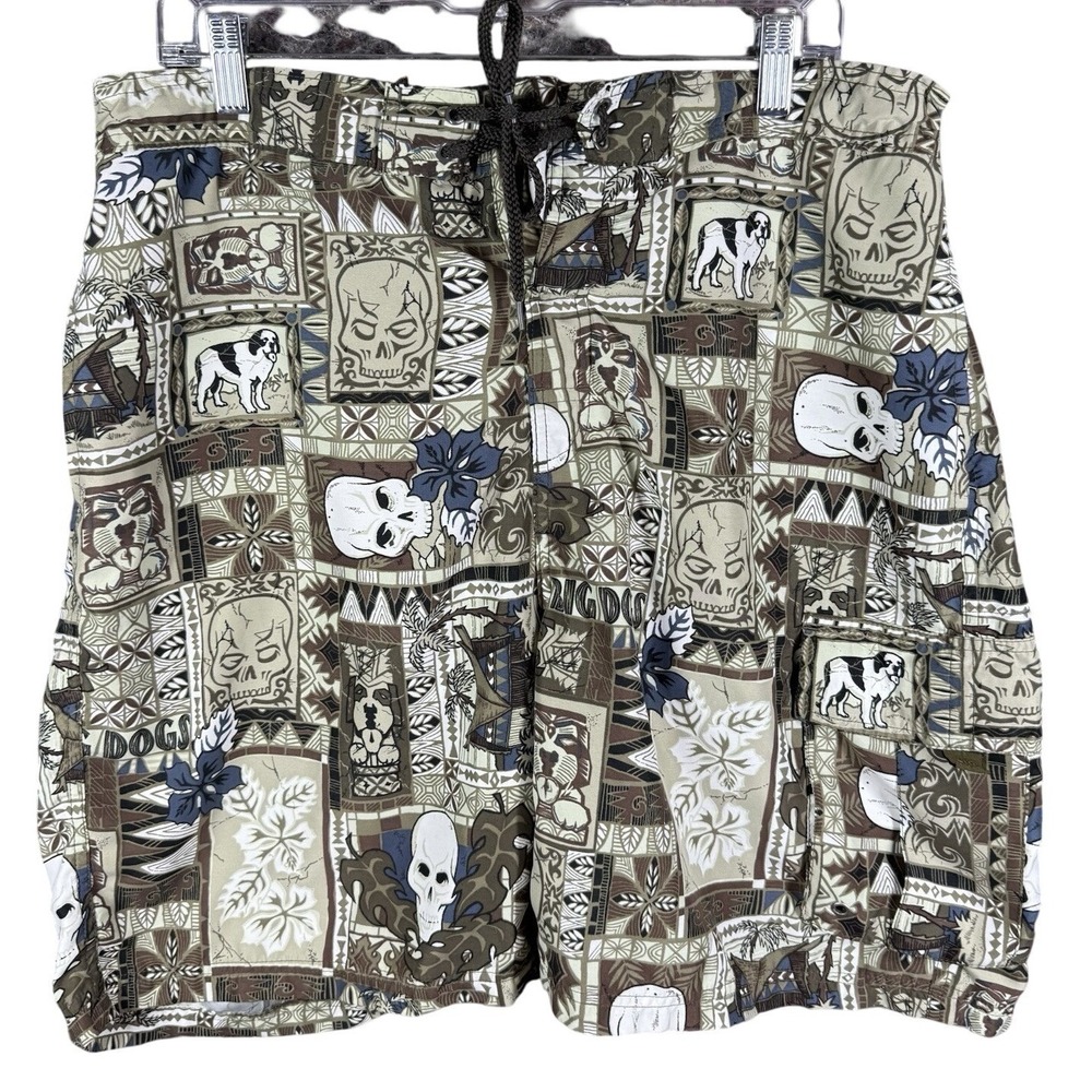 Big Dogs Board Shorts Mens Large Brown Skulls Tiki Dog Cargo Pockets